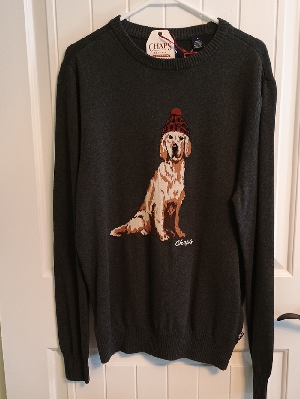 Brand New, Chaps Men's Dark Gray Crewneck Sweater with Dog Motif-Size Medium